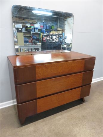 Mid-Century RWAY Birdseye Maple Mahogany Dresser & Mirror