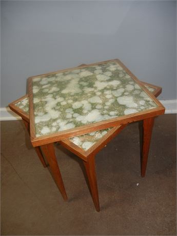 Set of Mid-Century Wood Nesting Accent Tables, Green and Cream Toned Color