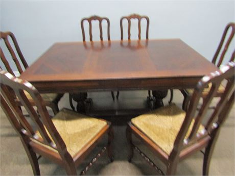 French 1890's Antique Renaissance Oak Wood Draw Leaf Dining Room Table, 6 Chairs