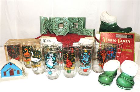 Vintage Anchor Hocking 12 Days of Christmas Glasses / Ceramic NOEL