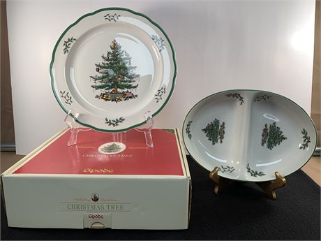 Spode Divided Dish Large Round Platter Christmas Tree Pattern