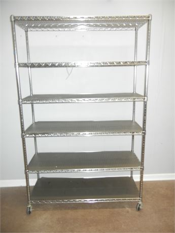 Metal Silver Storage Rack with 6 Hard Shelf Lining and Casters