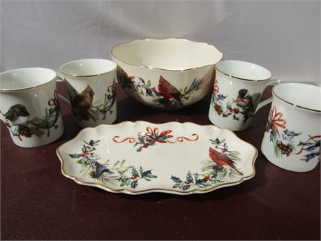 Lenox "Winter Greetings" Mugs, Bowl and Platter with Bird Decorations