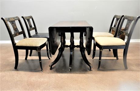 Vintage Wood Drop Leaf Triple Pedestal Table on Casters with Four Chairs