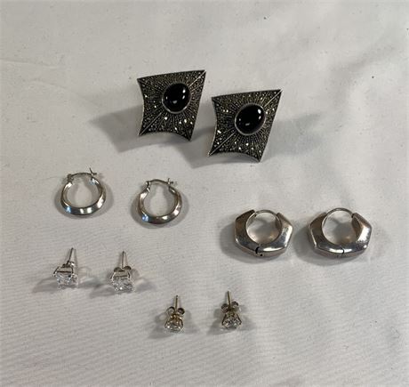 Lot of Pieced Sterling Silver Earrings Including Marcasite Cubic Zirconia