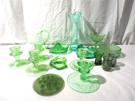 Vintage Green Glass / Iridescent / Candlesticks / Ashtrays / Juicer / Vase