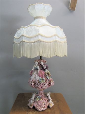 Vintage Capodimonte Style Victorian Motif Reticulated Lamp with Shade - Italy
