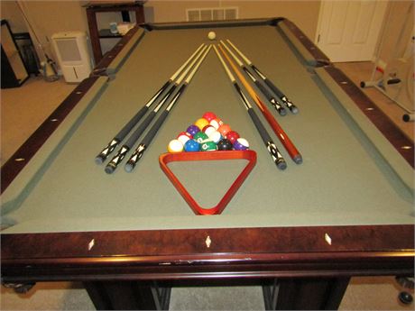 American Heritage "Britton" Pool Table, Dark Brown, 8 ' with Cover, Balls, Cues