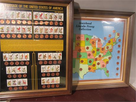 2 Piece- Statehood Lincoln Penny Collection, Penny USA Stamp Collection, Framed