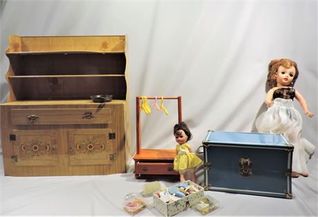 Vintage Dolls / Play Kitchen Cabinet / Doll Trunk Wardrobe