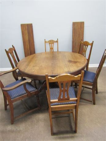 Early Round Dining Room Table and Chairs, Two Leafs, with Blue Cushions
