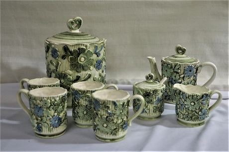 Tea Set in Blue and Green with matching Canister and cups