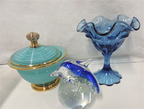 Blue Art Glass Dolphin / Candy Dish / Covered Dish
