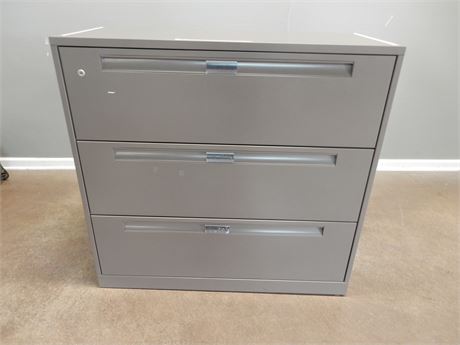 Lateral Three Drawer Grey Filing Cabinet