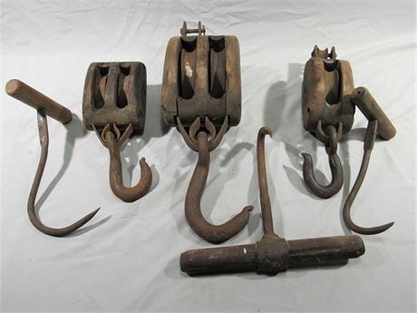 Vintage/Antique 6 Piece Lot- Block and Tackle Pulleys and Primitive Hay Hooks