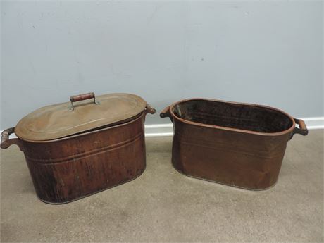 Two Vintage Copper Boilers / Wood Handles