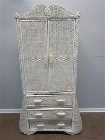 White Wicker Armoire, with Drawers and Top Doors