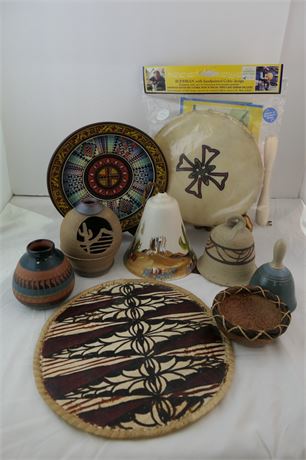 Navajo Vase/ Native American/ Indigenous Mat/ Plate/ Bell/Southwest Lot of 9