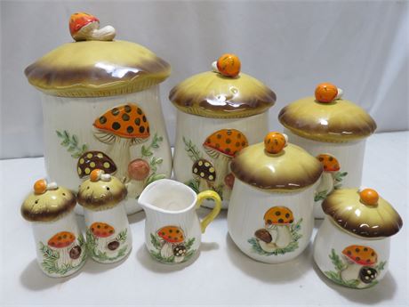 Vintage 1976 Merry Mushroom Ceramic Canister Set