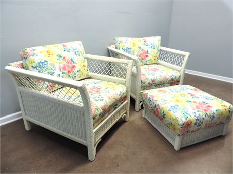 Patio / Sunroom Rattan Floral Chairs / Ottoman