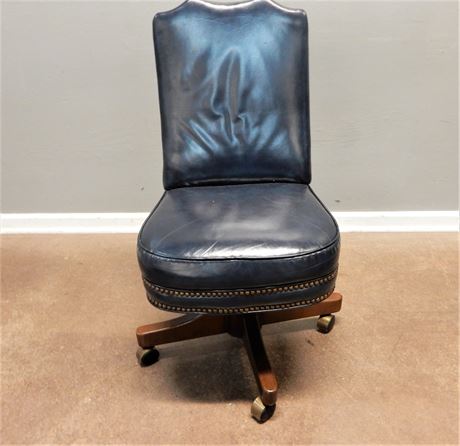 Sedlaks Navy Blue Leather Rolling Desk Chair With Nail Head Trim  on Casters