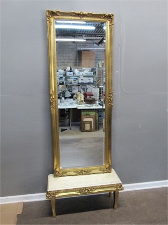 Ornate Gold Finished Trumeau Mirror with Marble Top Bench