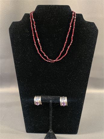 Jewelry/Garnet Necklace/ Sterling Silver Amethyst Earrings
