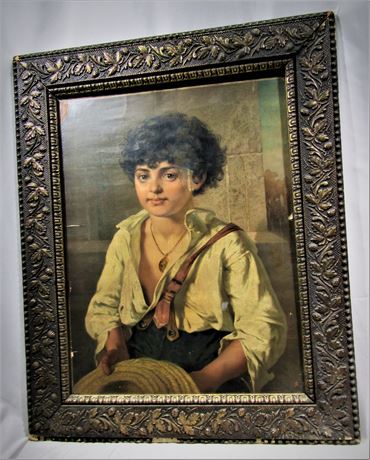 Early Etching Portrait of Young Boy in Original Antique Wood Frame