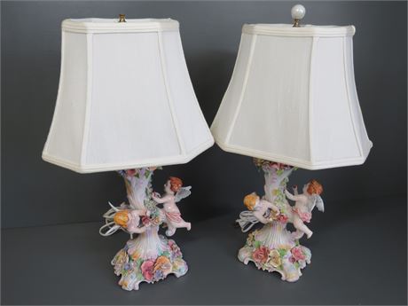 Porcelain Cherub Angel Figural Lamps