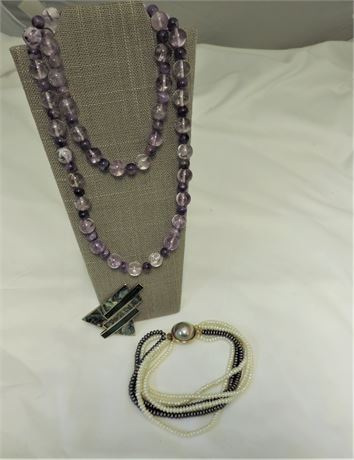Purple Jade Necklace / Abalone Pin / Six Strand Pearl Bracelet