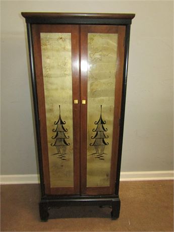 Vintage Asian Tall Cabinet, Original Art Trim in Gold and Black Painted Wood