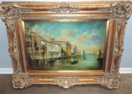Framed Original Seaside Canal Scene Painting / Signed