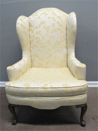 Ethan Allen Yellow Floral Damask Upholstered High-back Wing-back Fireside Chair