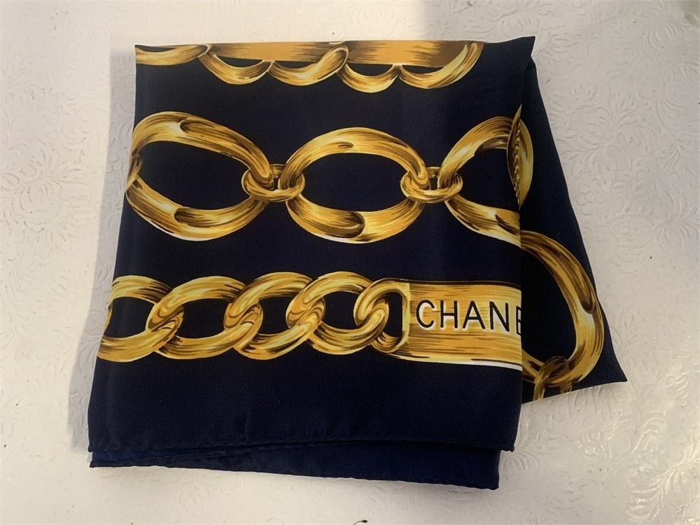 Transitional Design Online Auctions - Vintage Chanel Silk Scarf Gold Chain  Link