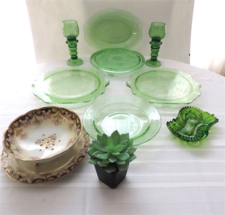 Green Depression Glass / Trivets/ Dishes