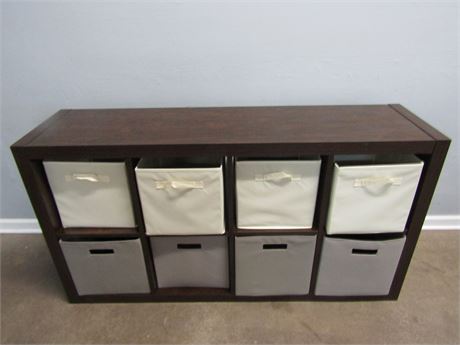 Storage Basket Cabinet with 8 Gray and White Baskets, Dark Brown