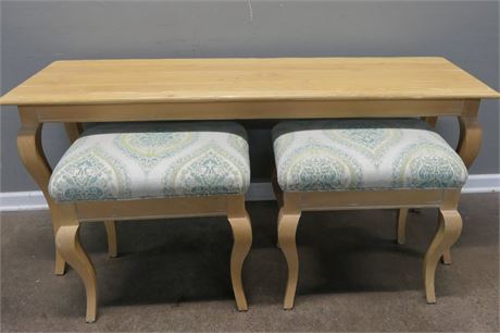 French Country / Yellow Wash Console Hall Table & Stool Bench Pair