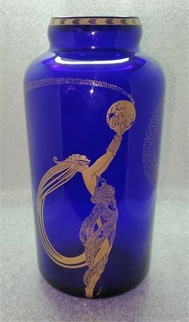 Erte “FIREFLIES” Cylindrical Cobalt Glass Vase By Franklin Mint, Signed
