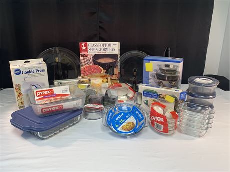 Assorted lot New Pyrex, Cooking and Baking Items