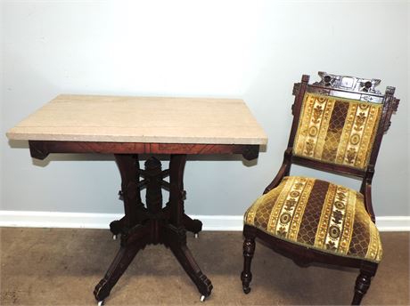 EASTLAKE Style Marble Top Table / Carved Chair