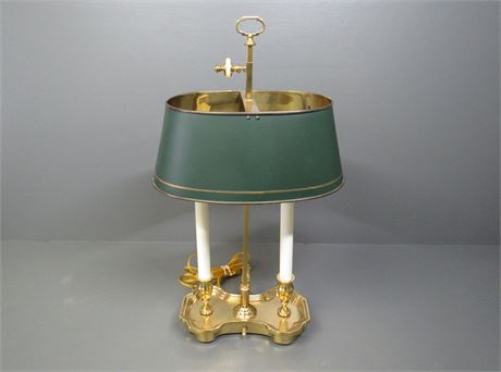 Brass Bouillotte 2 Candle Light Lamp with Green Metal Tole Shade