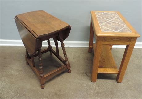Set of Solid Wood End Tables / Drop Leaf / Stone Style