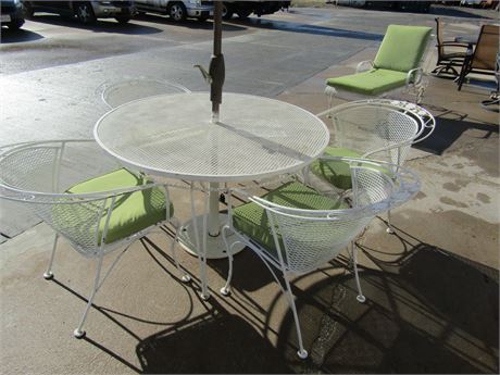 Metal Patio Set, Chairs, Round Table, Small End Table, and Green Cushions