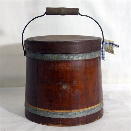 Primitive Firkin or Sugar Bucket, Lidded with Bail Handle