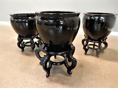 Three Black Ceramic Planter Pots on Wood Stands