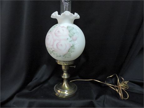 Gone With the Wind Vintage Hand Painted Pink Floral / Brass Hurricane Table Lamp