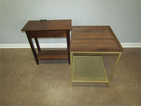 Set of Storage End Tables, One Vintage Solid Wood and One Metal Base