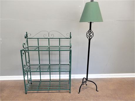 Wrought Iron Green Shelf/Plant Stand and Wrought Iron Lamp with Green Shade