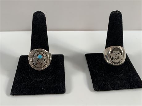 Two Sterling Silver / 1 Turquoise Navaho Signed Frederick Chavez Rings