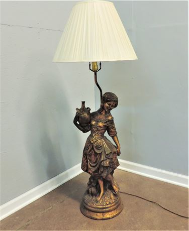Vintage Cast Metal Peasant Girl Lamp with Pleated Shade